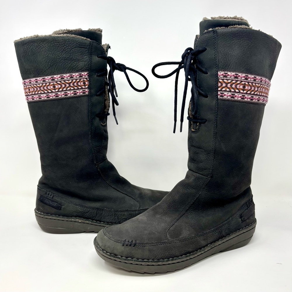 Teva Kiru Nubuck Leather Mid Fleece Lined Boots Gray Black Side Zip Laces Size 9